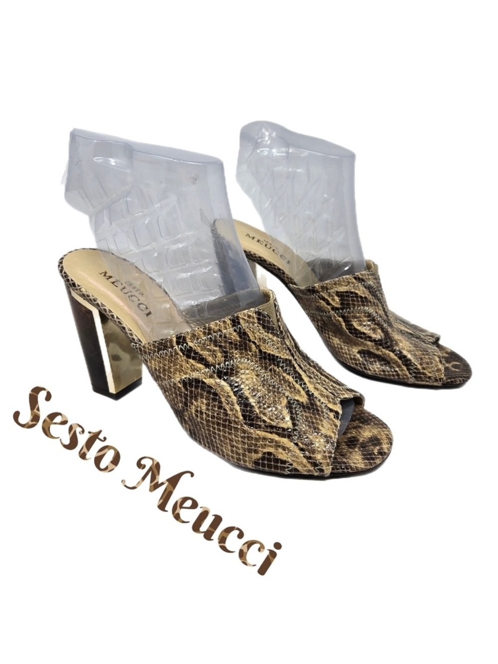 Sesto Meucci Womens High Heel Mules Sz 8M Snake Print Leather Wooden Heel